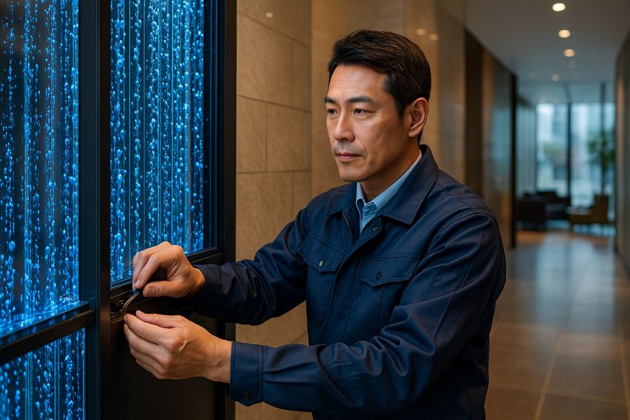 日本人の専門技術者（40代男性）がバブルウォールの設置・調整を行っている様子