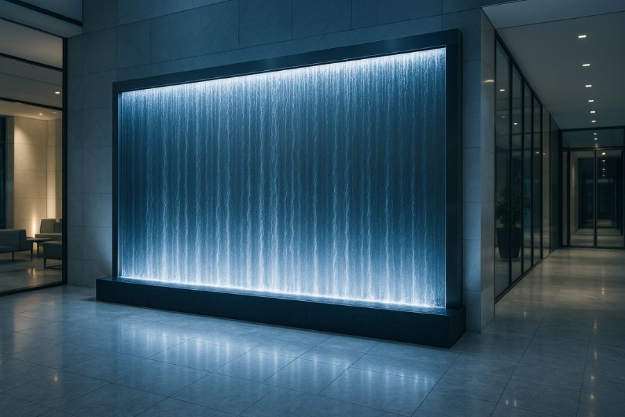 モダンな高級商業施設のエントランスに設置された美しいウォーターウォール