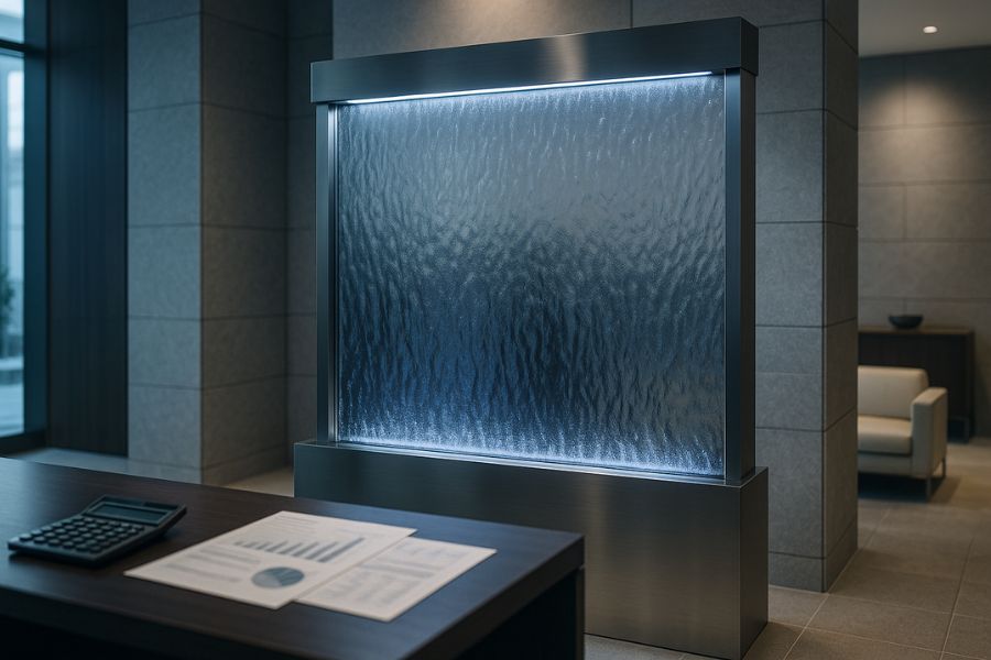 洗練されたモダンオフィスのロビーエリアに設置された美しいウォーターウォール