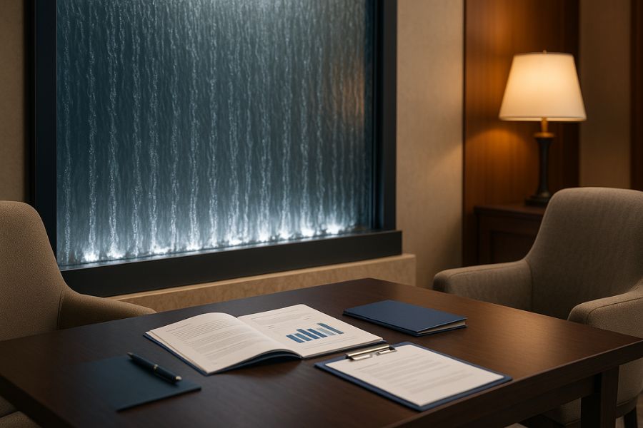 背景に美しく維持されたウォーターウォールがあり、前景に相談資料やパンフレットが整理されて配置