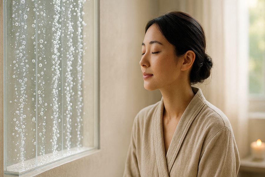 静寂で瞑想的な空間に設置されたバブルウォールと日本人女性