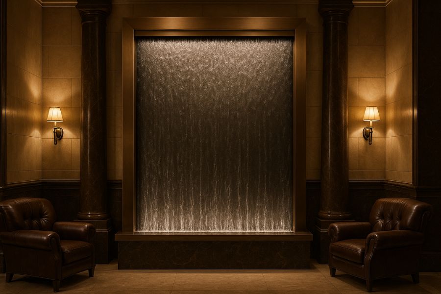 伝統と現代性が調和した格調高い企業ロビーに設置された威厳のあるウォーターウォール