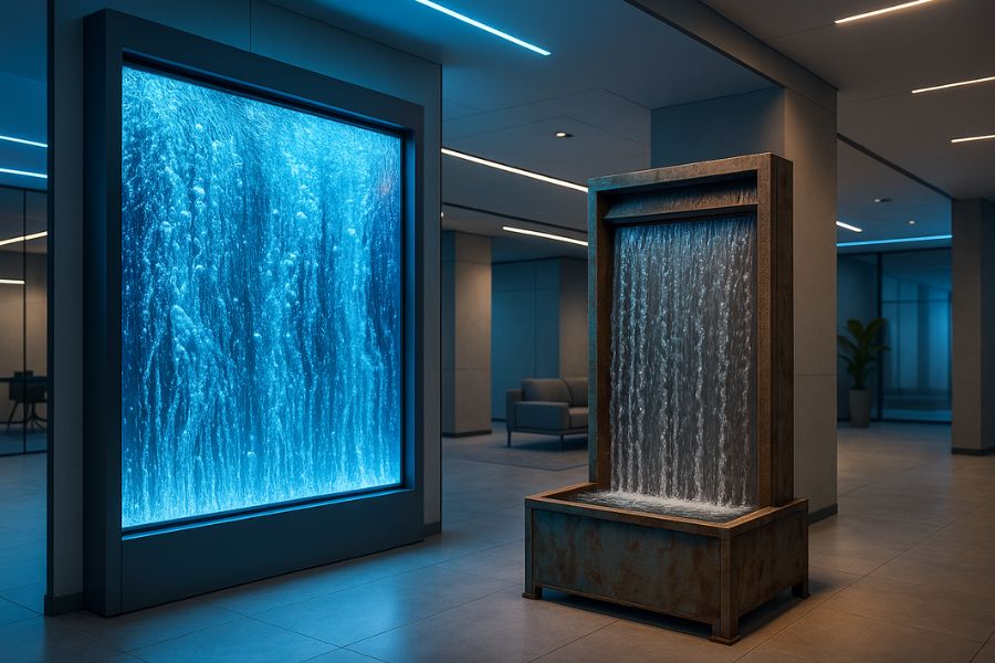 最新技術を搭載した近未来的なウォーターウォールが設置されたモダンオフィス