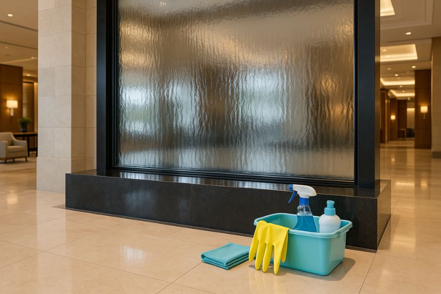 高級ホテルのロビーに設置された完璧に清掃・維持されたウォーターウォール
