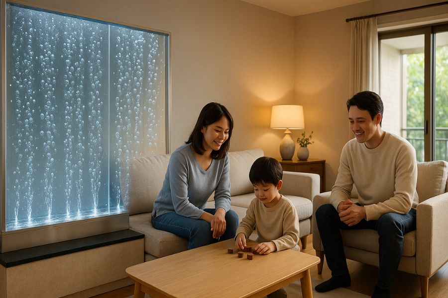 高級マンションのリビングに設置された住宅用バブルウォール