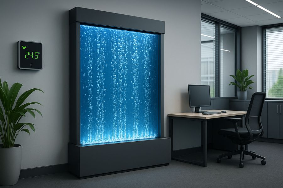 エネルギー効率の良さを表現するスマートなオフィス環境に設置されたウォーターウォール