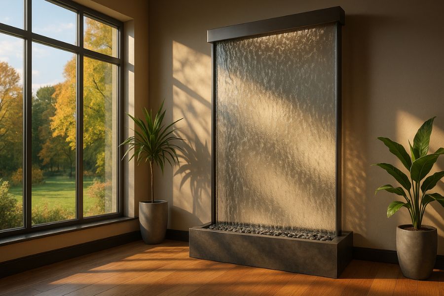 大きな窓から季節感のある自然光が差し込む空間に設置されたウォーターウォール