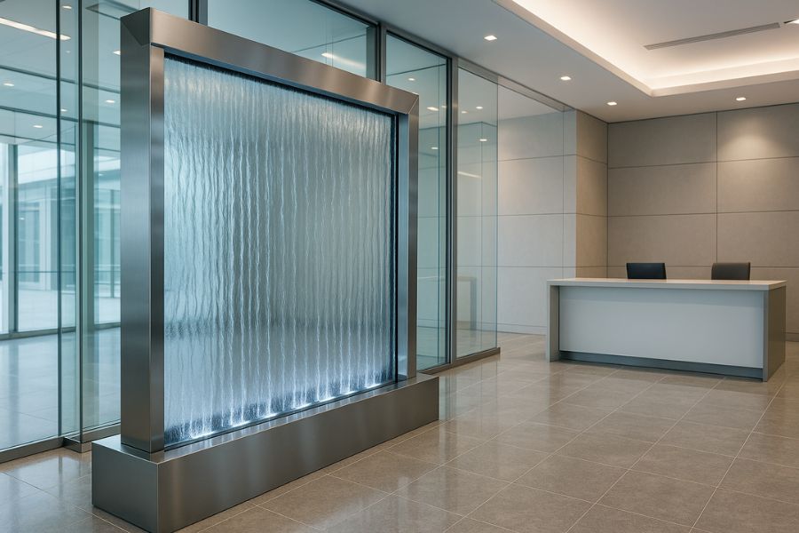 高級オフィスの受付エリアに設置されたウォーターウォール