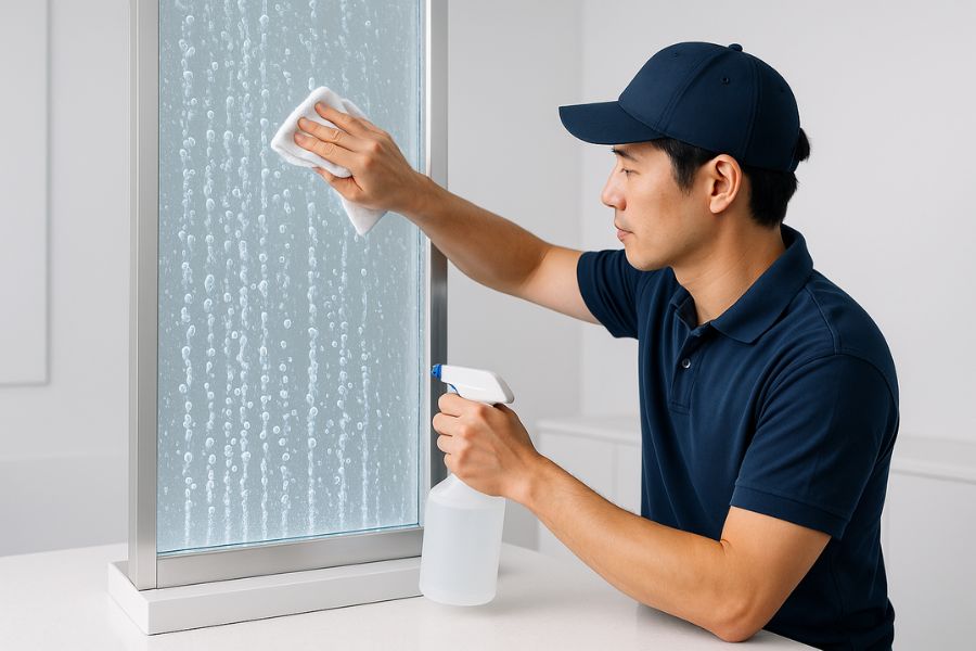 プロフェッショナルなメンテナンス作業、完璧に清掃され輝くバブルウォール