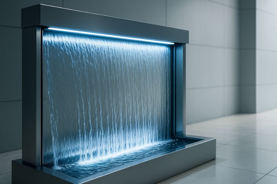 ウォーターウォールの循環システム、LED照明、配管設備が美しく整備された状態