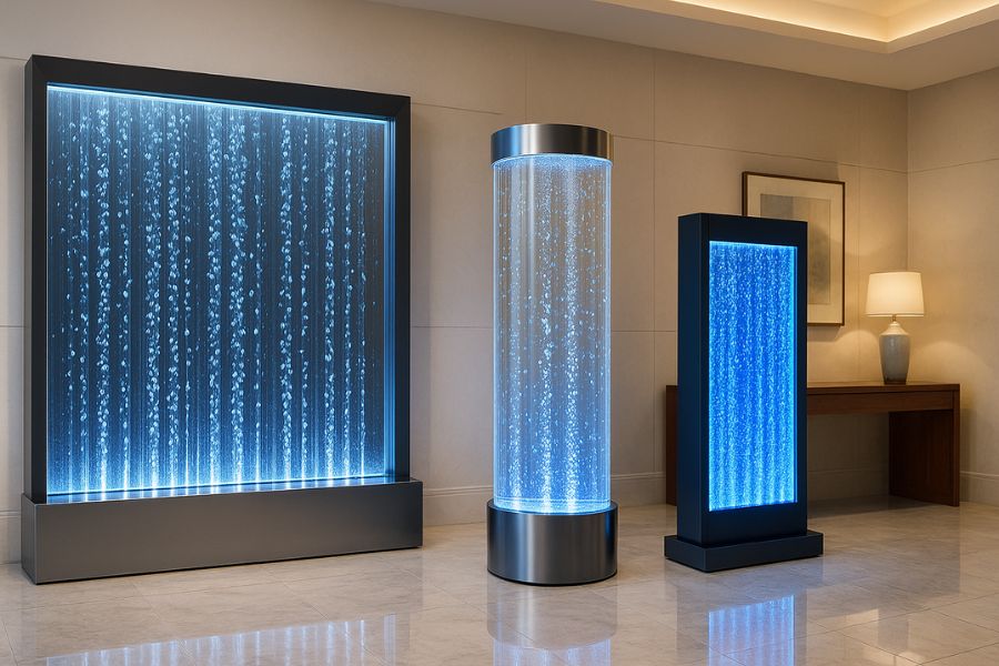 パネル型、円柱型、LED一体型など複数種類のバブルウォール