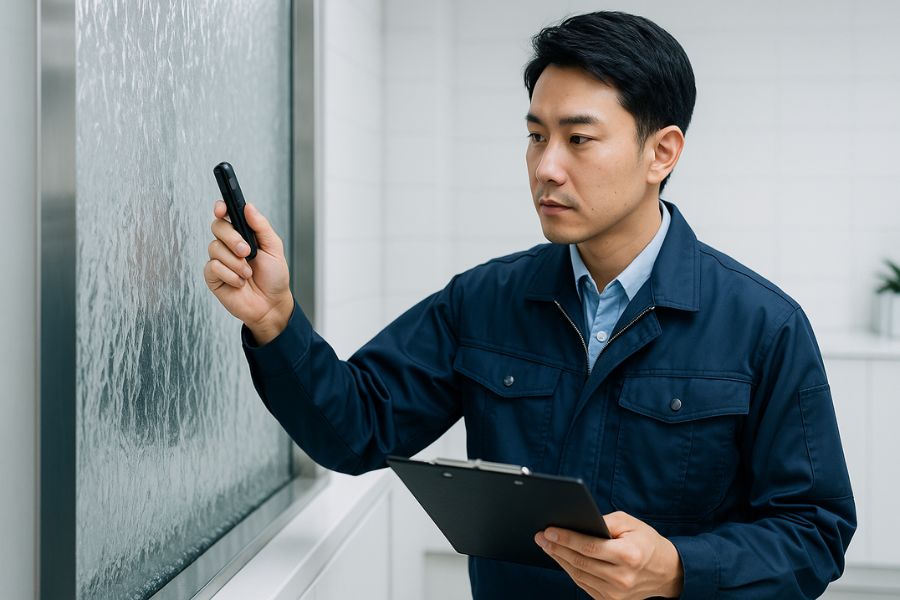 定期点検中のウォーターウォール、専門技術者が品質チェックを行う様子