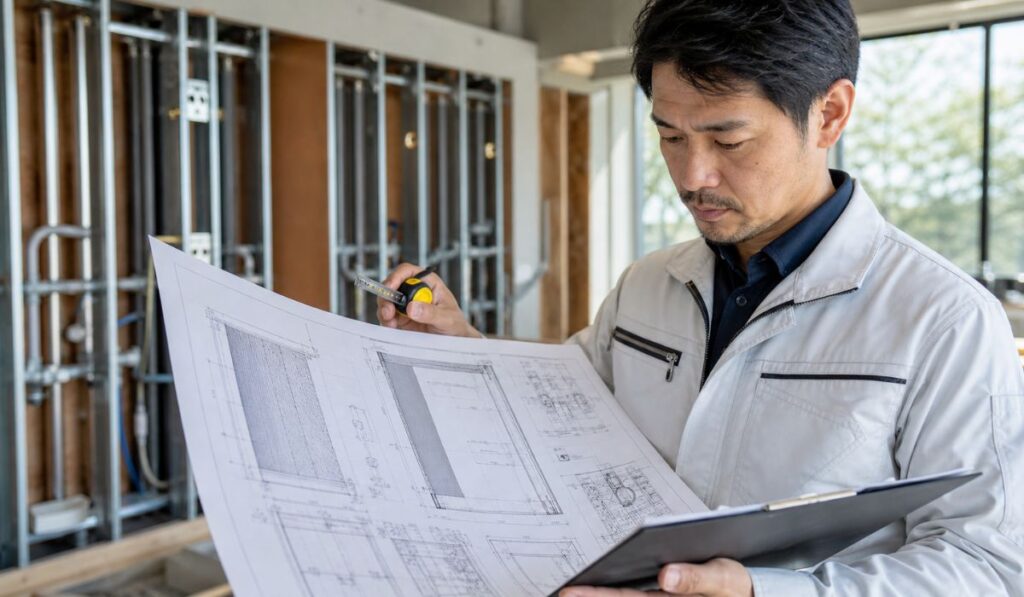 施工現場でウォーターウォールの設計図面を確認する施工担当者