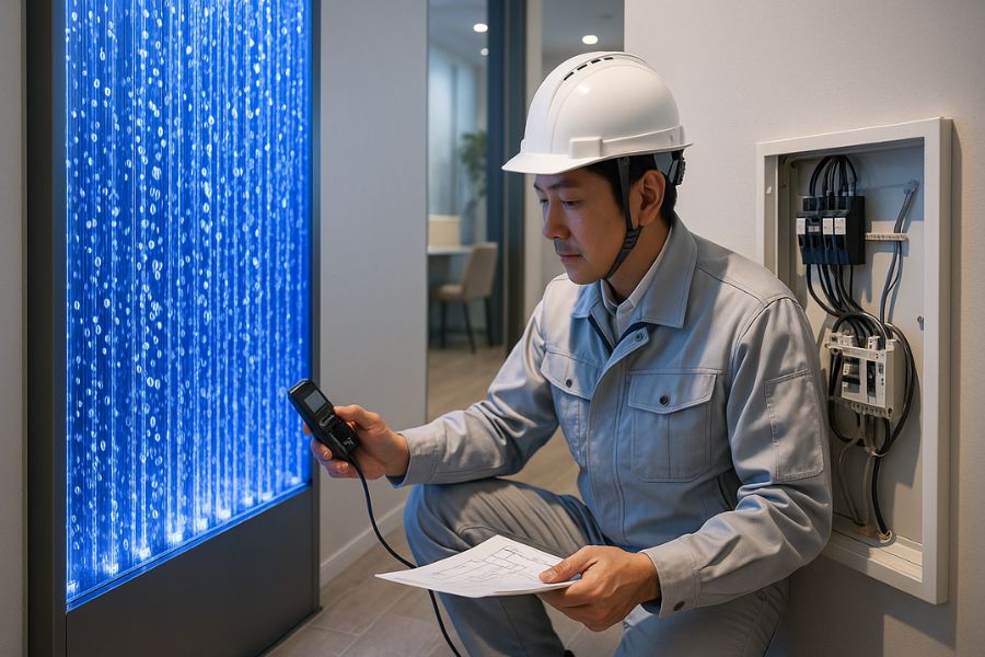 日本人の電気工事の専門家(30代〜50代、男性)が、バブルウォール設置予定の空間で、配線やブレーカー、電源容量を確認している