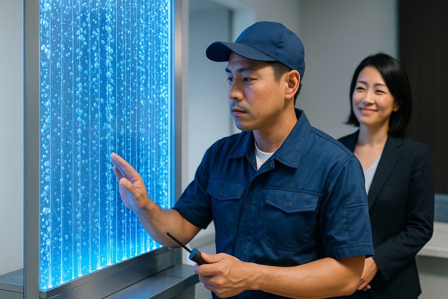 日本人の専門技術者(30代〜50代、男性)が、バブルウォールのメンテナンスやチェックを行っている