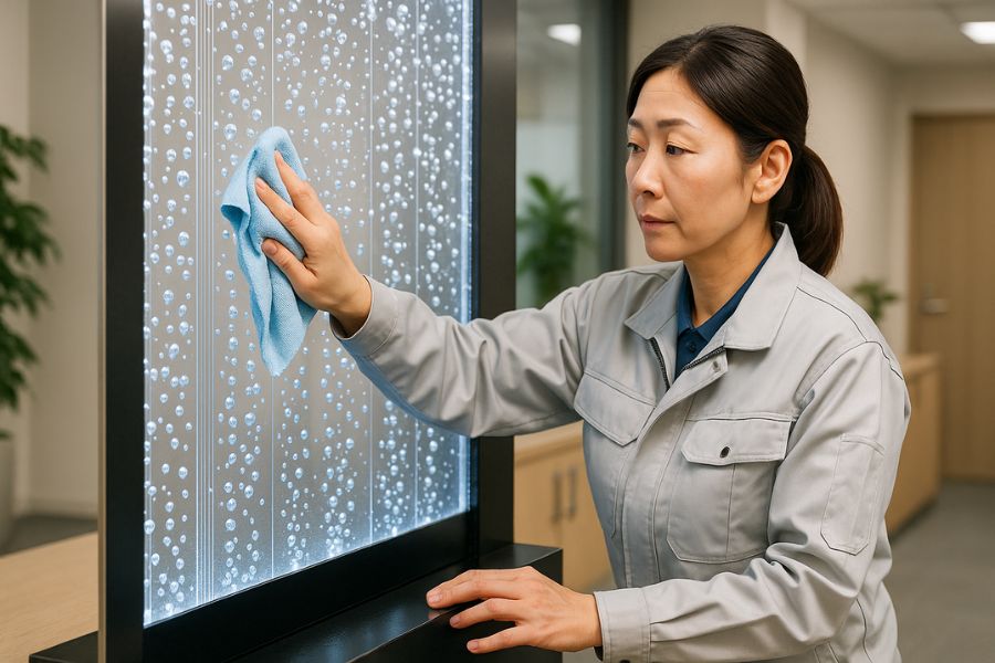 施設管理者がバブルウォールのアクリルパネルを丁寧に清掃している