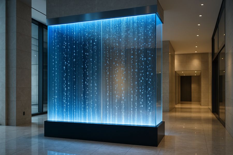 モダンな商業施設のエントランスに設置された大型バブルウォール。
