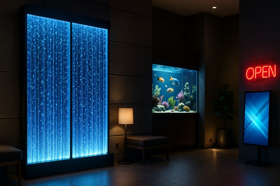 バブルウォールと他のインテリア装飾(間接照明、水槽、ネオンサイン、デジタルサイネージなど)が共存する洗練された空間