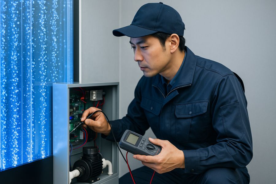 専門技術者（30代男性、プロフェッショナルな制服）がバブルウォールの循環ポンプや制御基板などの高度な点検を行