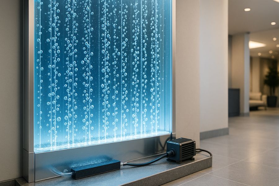 透明なアクリルパネル内を美しい気泡が上昇するバブルウォール