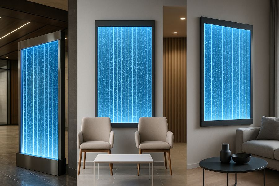 高級オフィスエントランス、モダンなクリニック待合室、洗練された個人宅リビングにそれぞれ設置されたバブルウォール