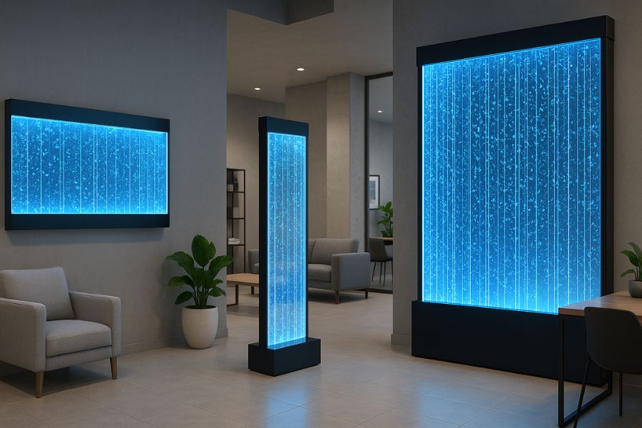 バブルウォール設置例。壁掛け型と自立型、小型から大型まで