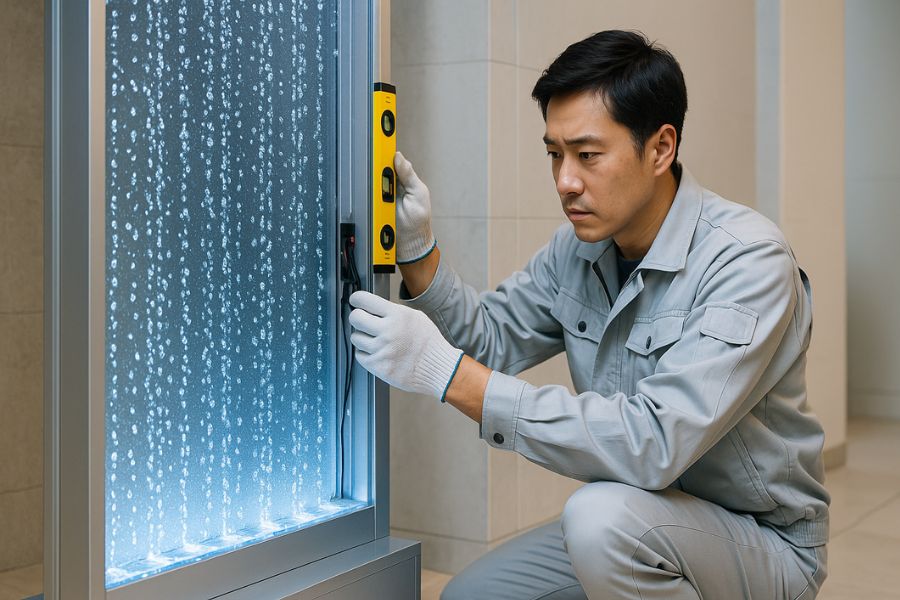 バブルウォール設置工事を行う日本人技術者