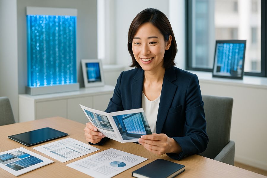 明るい会議室でバブルウォール業者のカタログと見積書を検討する日本人ビジネスウーマン