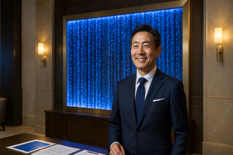 高級オフィスに設置された印象的なバブルウォールと投資効果を実感する経営者