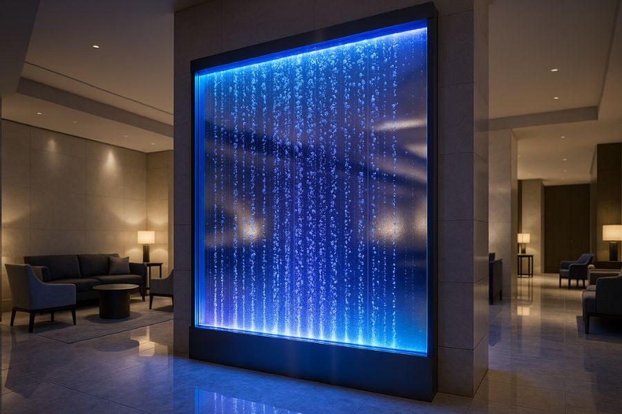 高級ホテルのロビーに設置されたRGBW LED照明で青紫に輝くバブルウォールと上昇する気泡