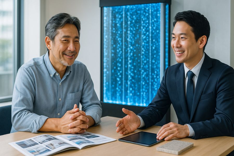 ショールームでバブルウォールサンプルを見ながら業者担当者と相談する店舗オーナー