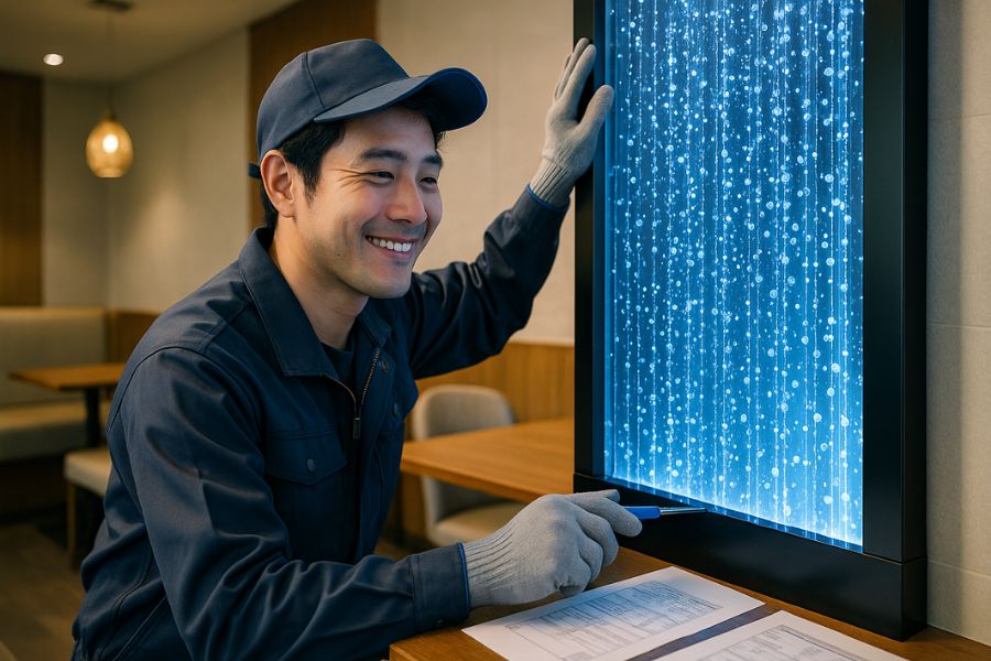 オフィス施工現場でバブルウォール設置作業を行う日本人技術者