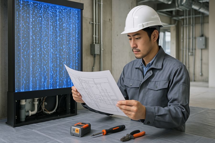 商業ビルでバブルウォール設置工事中に電気配線図面を確認する日本人エンジニアと安全装備