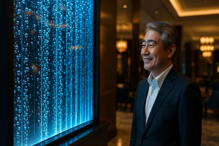 
高級ホテルロビーに設置された大型バブルウォールの施工事例、満足そうに眺める施設管理者