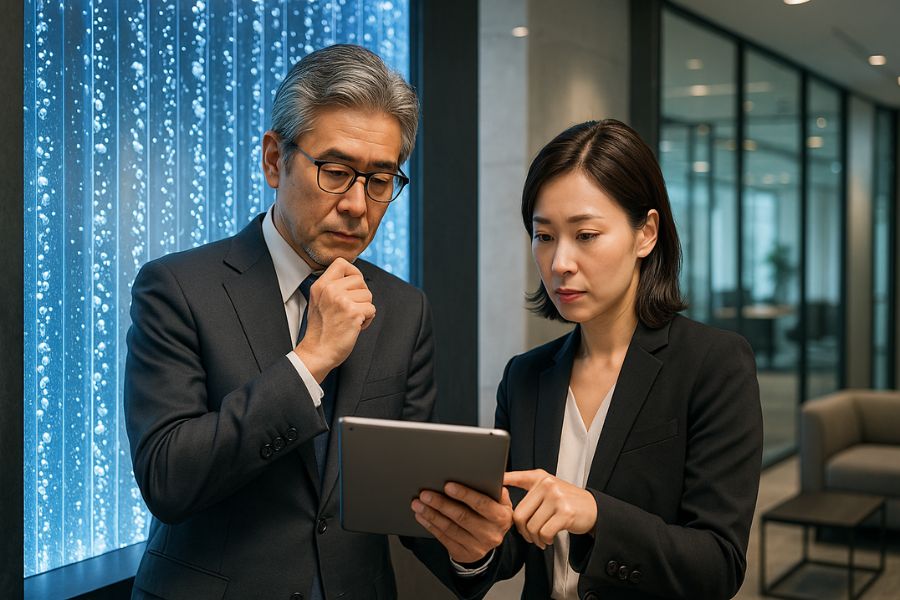 モダンなビジネスオフィス受付の青白LED照明バブルウォールの前で投資効果を検討する日本人経営者