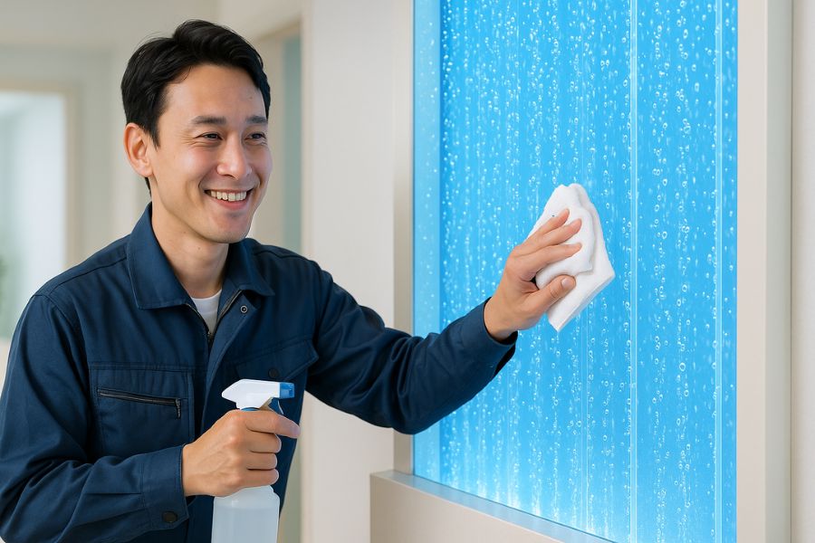 クリニックのバブルウォールを点検清掃する日本人メンテナンス技術者
