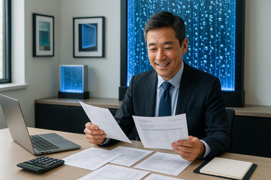 オフィスデスクで複数のバブルウォール見積書を比較検討する日本人ビジネスマン