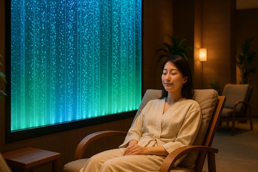 スパのリラクゼーションラウンジでバブルウォールの青緑LED照明の前でくつろぐ日本人女性