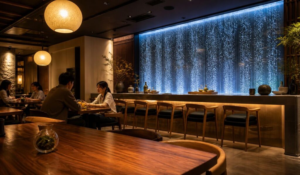 飲食店内に設置されたバブルウォールがカフェの照明と調和した夕方の店内風景