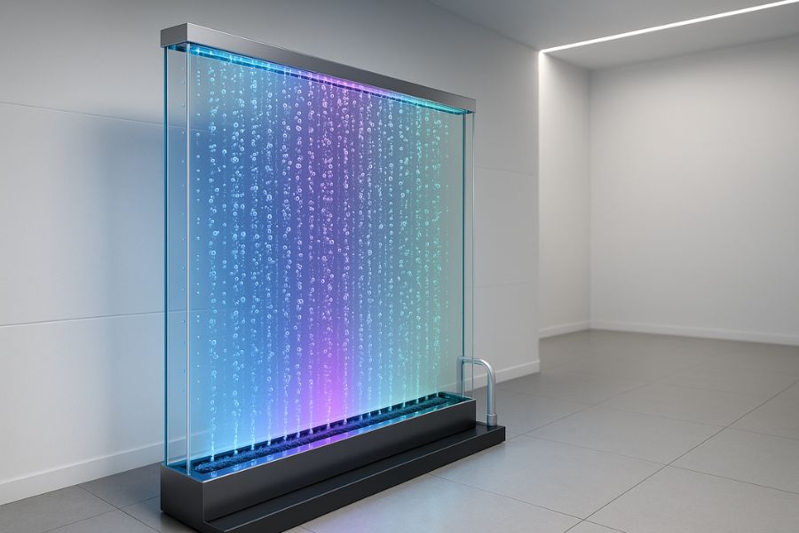 バブルウォールの基本構造を示すアクリルパネル、循環システム、RGBW LED照明の詳細