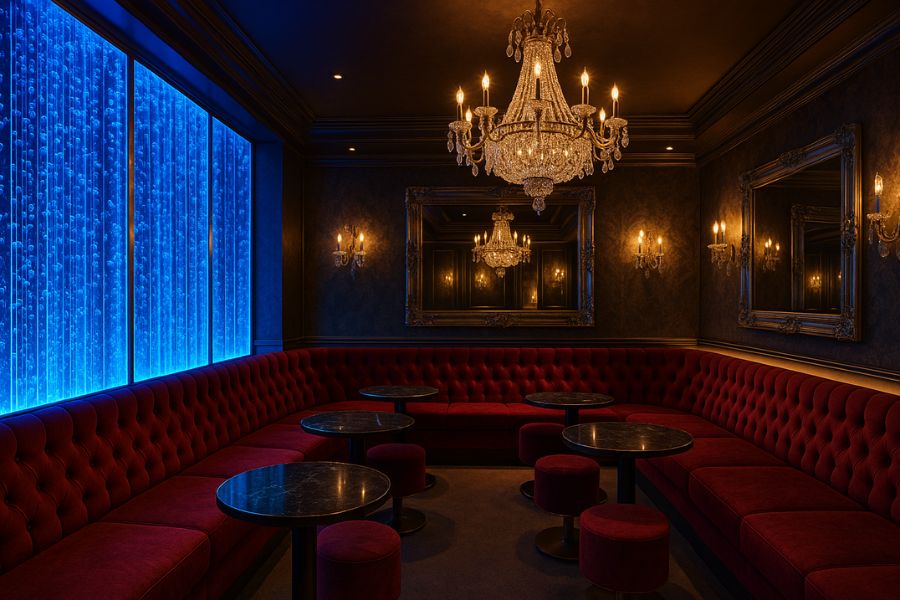 バブルウォールと従来のキャバクラ内装デザインの調和、シャンデリアとウォーターインテリアの融合空間