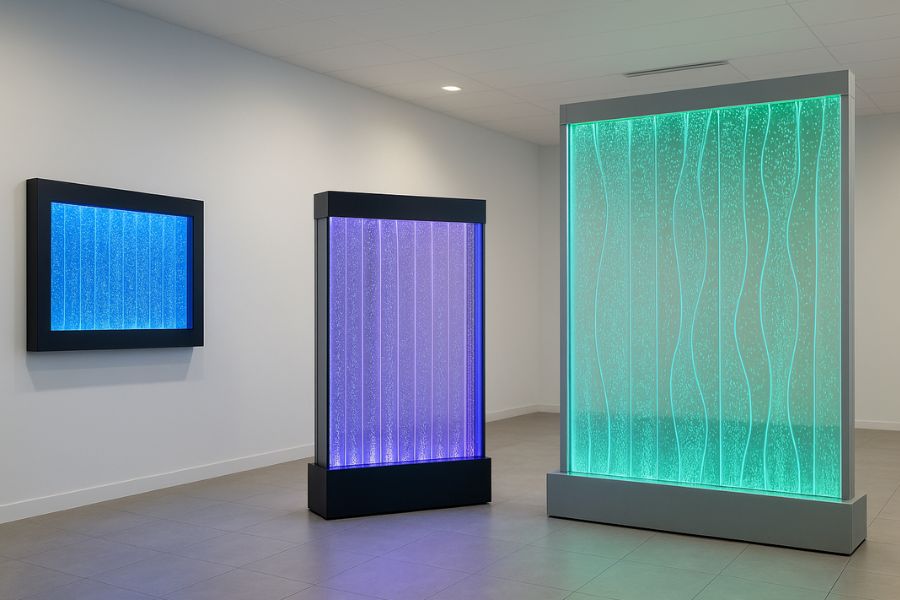 ショールームに展示された壁掛け型・自立型・カスタム型のバブルウォール製品ラインナップ