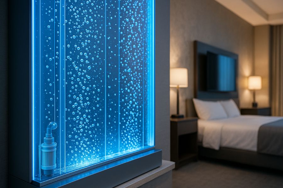 ラブホテル客室に設置されたバブルウォールの詳細。透明なアクリルパネル内を気泡が上昇し、LED照明で青く光る水の演出装飾。清潔に維持された循環システム