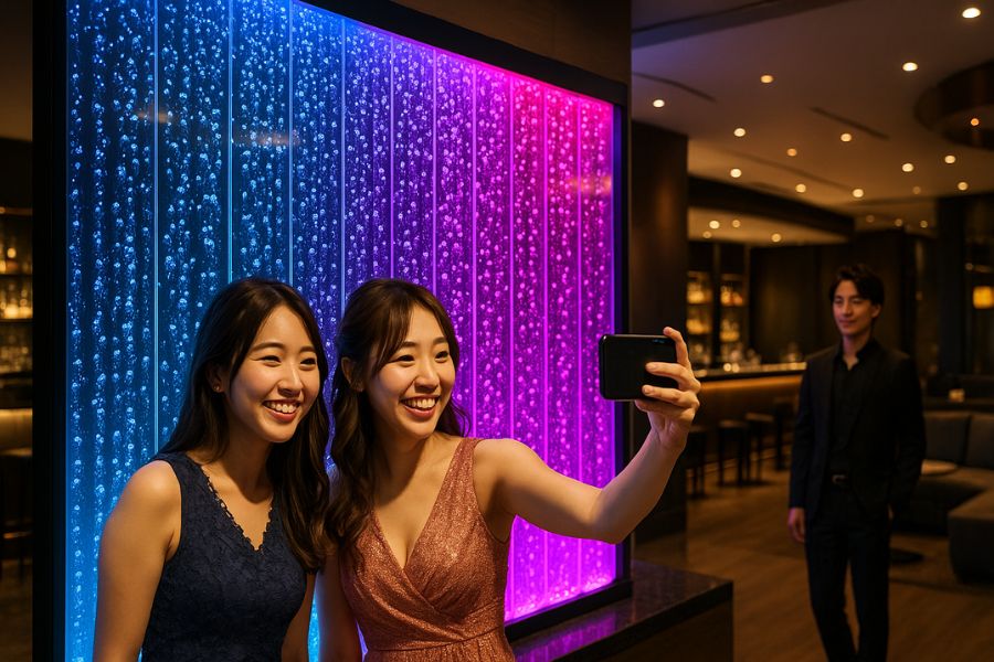 ホストクラブのバブルウォールで特別な空間体験を創出|顧客がSNS撮影を楽しむ記憶に残る体験価値とウォーターインテリアの心理効果