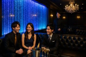 ホストクラブの内装差別化を実現する大型バブルウォール｜エントランスに設置された幻想的なLED照明演出のウォーターインテリアで高級感と非日常空間を創出