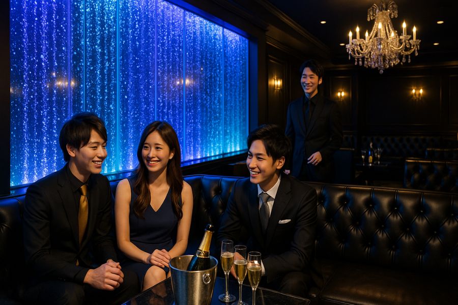 ホストクラブの内装差別化を実現する大型バブルウォール｜エントランスに設置された幻想的なLED照明演出のウォーターインテリアで高級感と非日常空間を創出