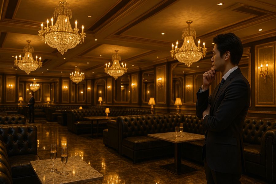 高級ホストクラブの経営者が、ゴールドとブラックを基調とした豪華な内装を見つめながら、類似したデザインの中で次の差別化戦略を考えている様子。クリスタルシャンデリアやブラックレザーソファが並ぶ華やかな空間
