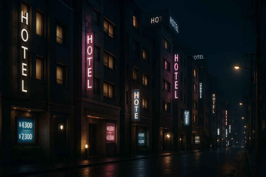 競合が密集するラブホテル街の夜景。価格競争から脱却するための差別化戦略が必要な市場環境