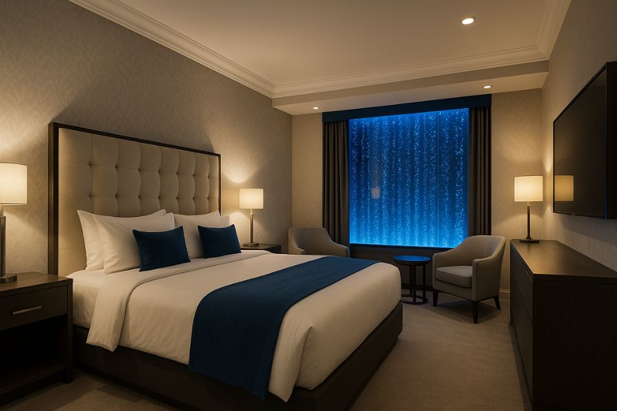 ラブホテルの内装リニューアル完成例。照明演出、壁紙、高級家具、バブルウォールなど複数の改善要素が調和した客室