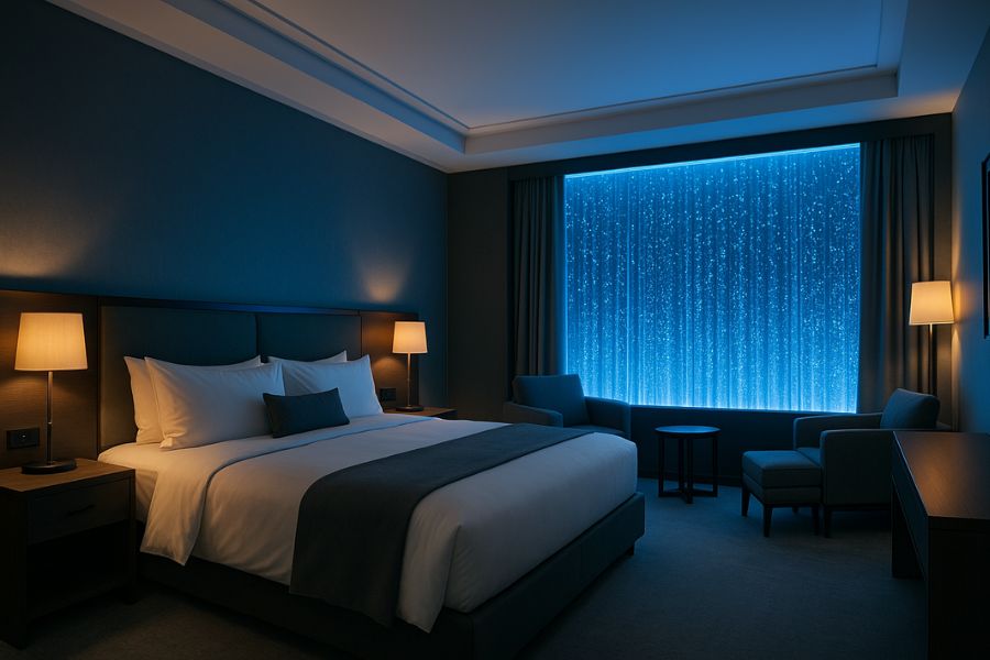 ラブホテルの内装リニューアル事例。間接照明とバブルウォールで演出された高級感のある客室。LED照明で青く光る水の演出が非日常的な空間を創出